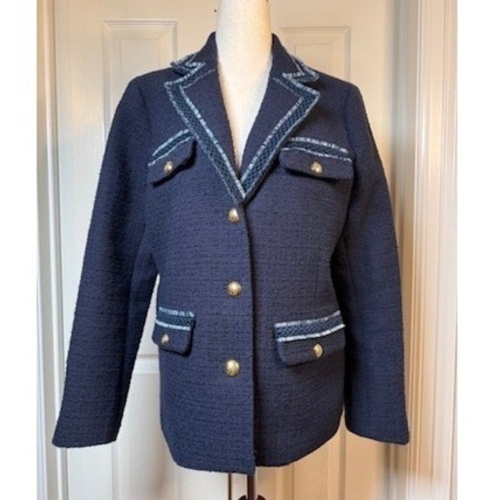 Talbots Navy Blue Tweed Blazer Fringe Trim Gold Crest Buttons Size 8